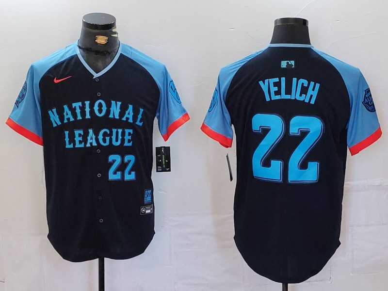 Mens Milwaukee Brewers #22 Christian Yelich Number Navy 2024 All Star Limited Stitched Jersey